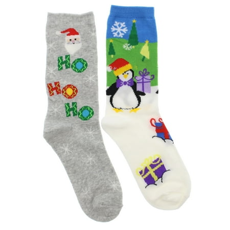 K. Bell Women's Christmas Theme Crew Socks (2pr.) Ho!Ho!Ho! Santa, Penguin