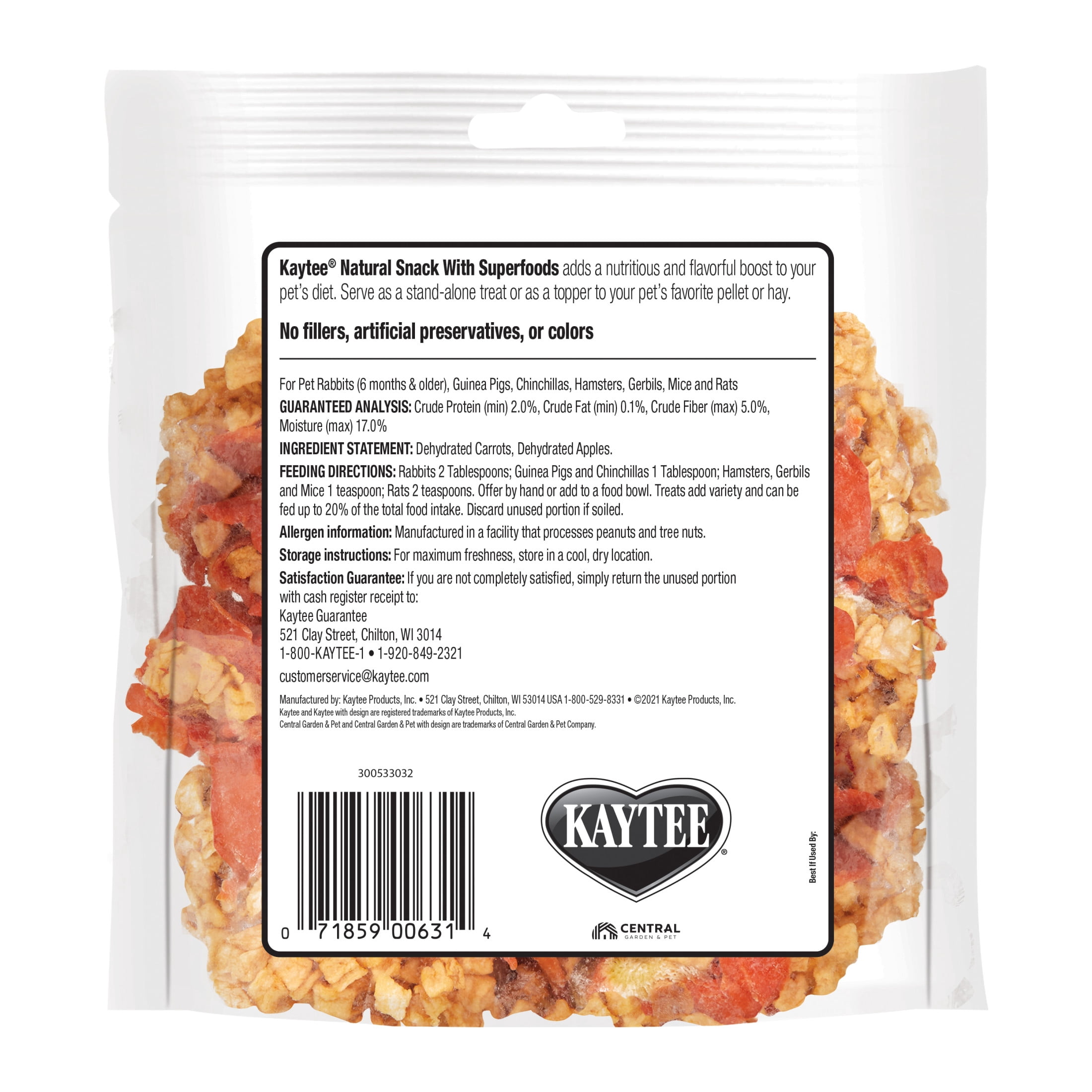(3 pack) Kaytee Natural Snack with Superfoods, Carrot & Apple, Treat for Small Animals, 2.5 Ounces