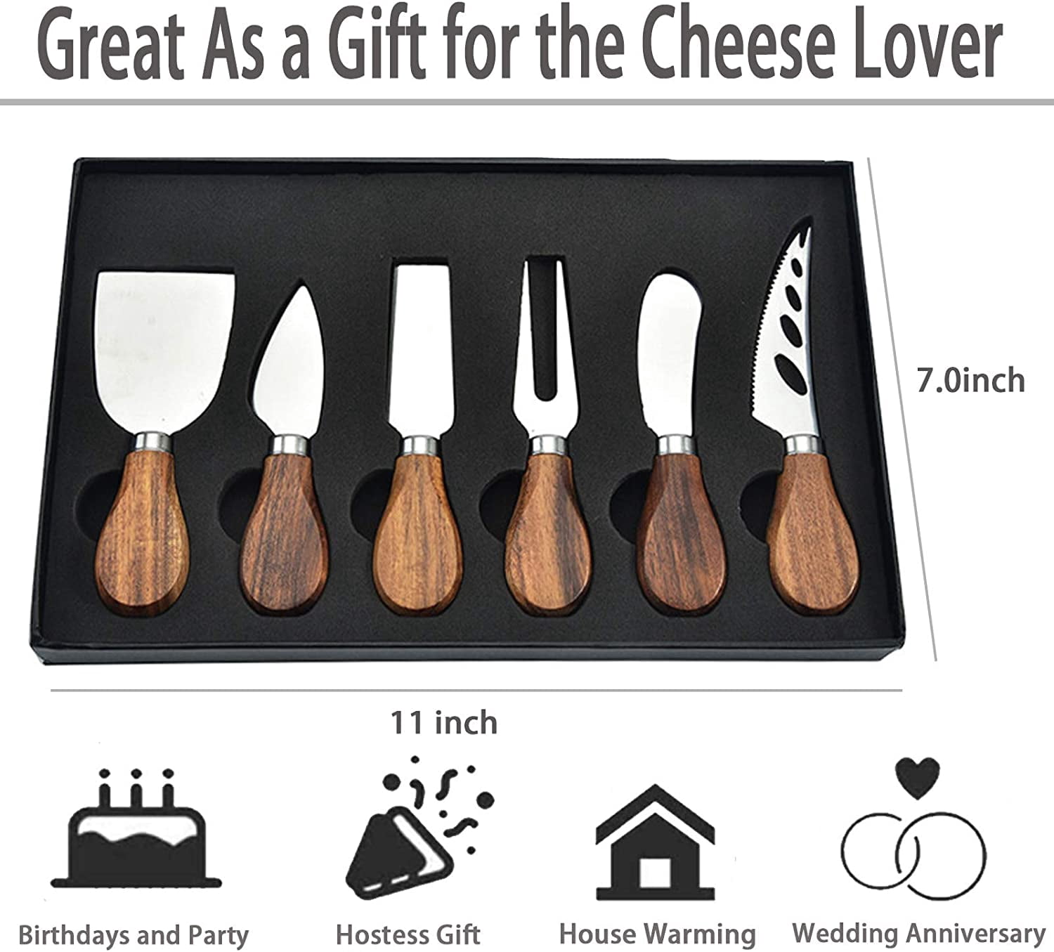 ABCISI Cheese Knives Set, 6-Piece Stainless Steel Cheese Knife Collection with Cheese Slicer Cheese Cutter Cheese Fork,Cheese Spreading Knife for Charcuterie Boards and Cutlery Gift Set