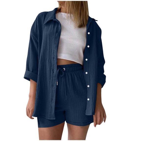 Two Piece Sets for Women,Women's Casual 2 Piece Outfit -Linen Long Sleeve Button Shirts Matching High Waist Drawstring Shorts Sets