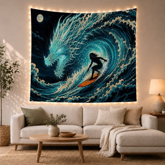 Ocean Waves Night with Swirling Wave Dominates Curling, Mystical Fantasy for Space Lovers, Galaxy Room Decor, Housewarming Gift, Tapestry Wall Hanging for Bedroom and Dorm