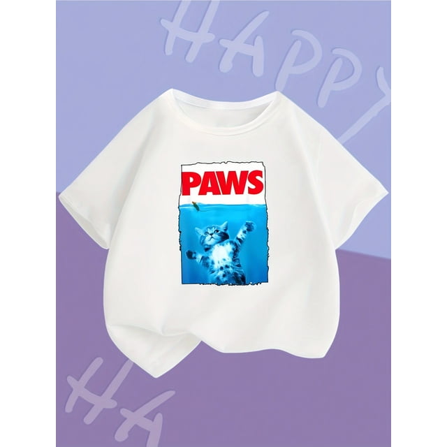 PAWS & Kitten Graphic Print Tee, Girls Comfy & Trendy T-shirt For Spring & Summer, Girls Clothes For Outdoors