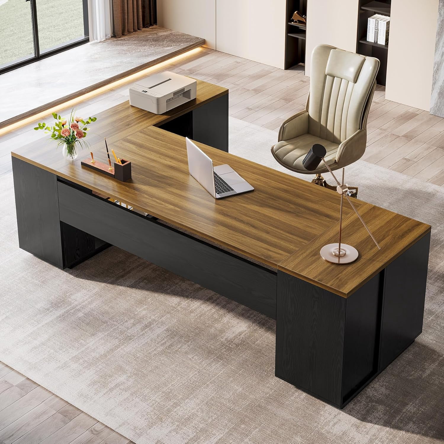 Tribesigns 85.8-Inch L-Shaped Executive Office Desk with File Drawers & Storage Cabinet