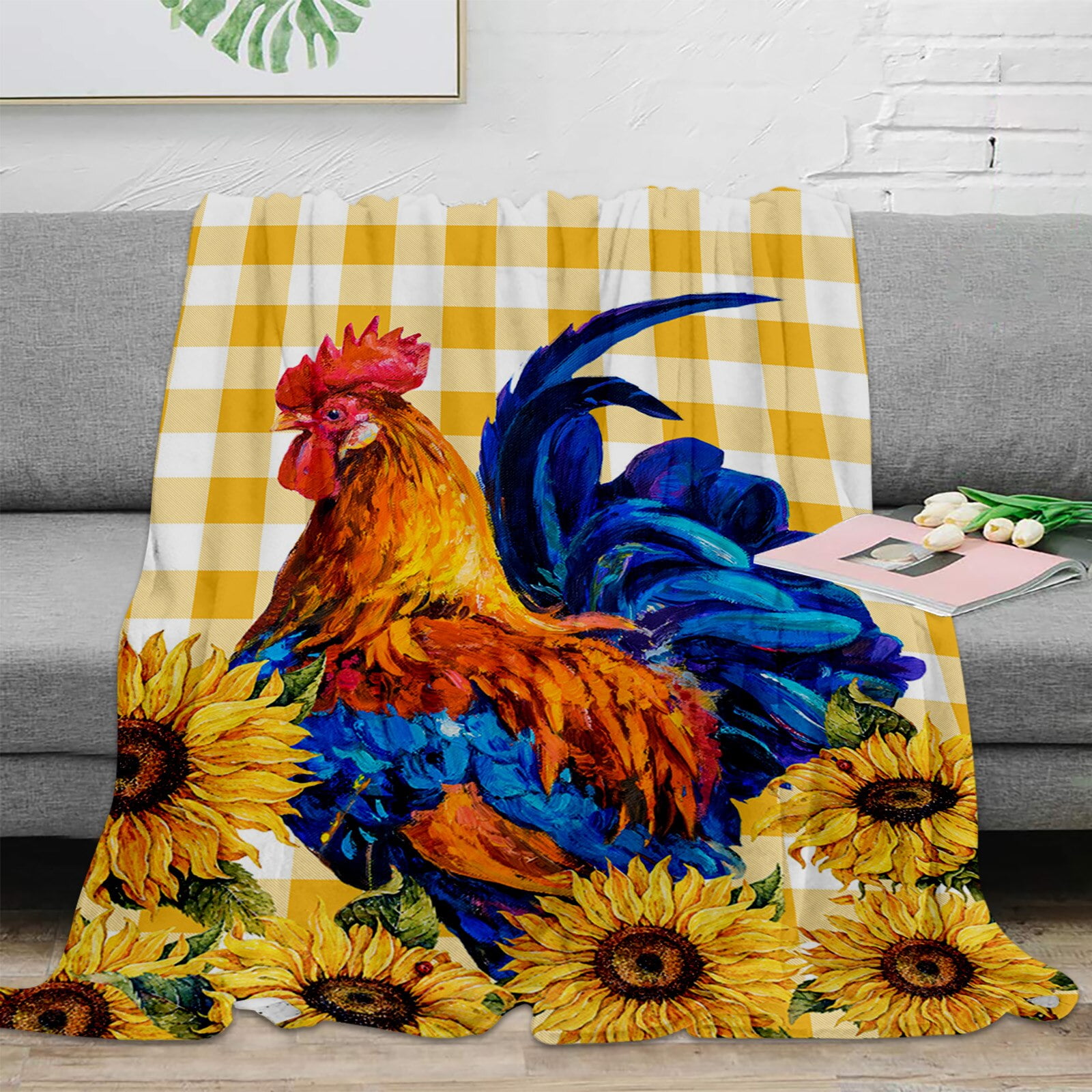 Rustic Farm Chicken Sunflower Plaid Throw Blanket Warm Plush Blankets