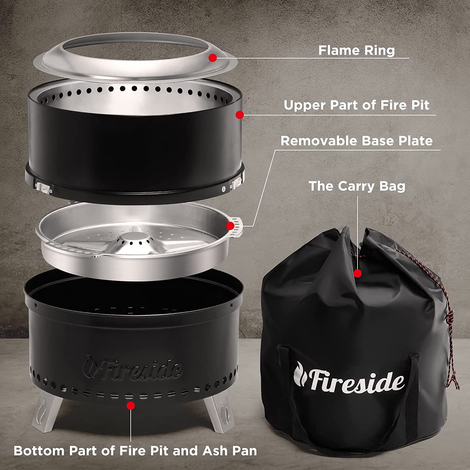TURBRO Fireside 19 Inch Smokeless Fire Pit for Outdoor Wood Burning, Detachable Stainless Steel Camping Stove with Stand, Removable Ash Pan, Waterproof Storage Bag, Nested Design, Pluto R19-PG, Black