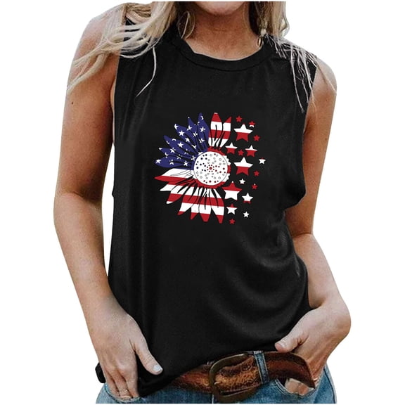 Summer Saving Wycnly 4th of July Tank Top for Women Loose Fit Racerback Vest Independence Day Patriotic Tshirts Summer Sunflower US Flag Print Crewneck Sleeveless Fashion Blouses Black xl