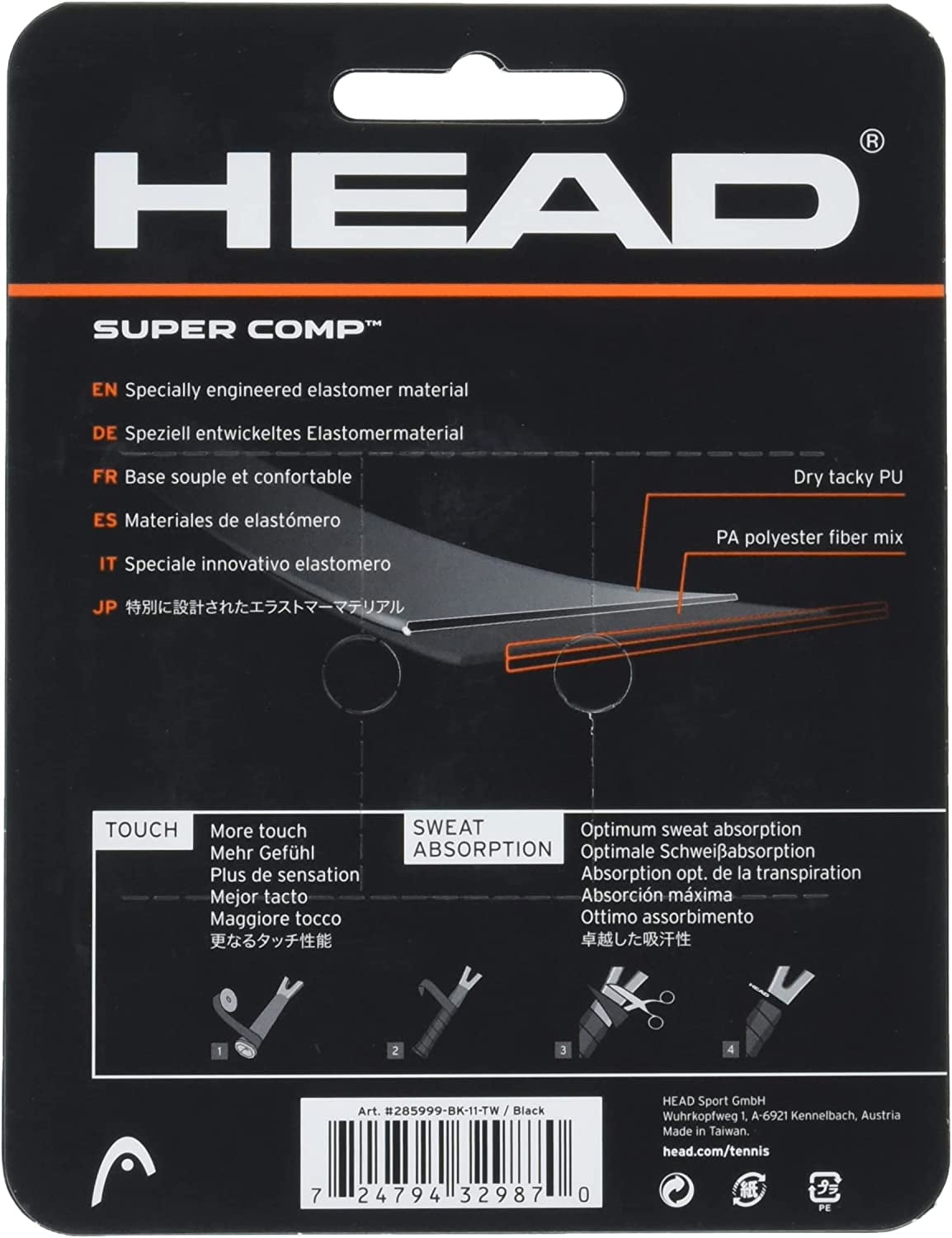 (2 pack) HEAD Super Comp Racquet Overgrip - 3-Pack with Tape, Black Color