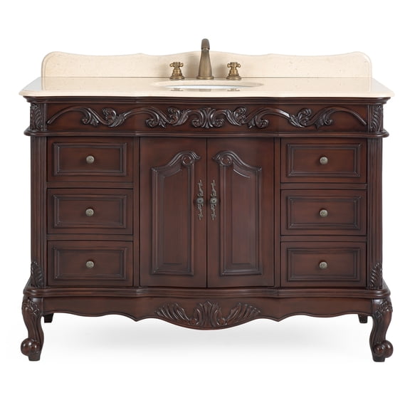 Benton Collection 42" Traditional Cherry Brown Bathroom Vanity with Cream Marble Top