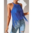 thumbnail image 3 of Women Fringe Sleeveless Boho Tank Top Casual Tassel Halter Cami Tops Solid Slim Fit Asymmetrical Hem Vest Shirt Rave Party Musical Festival Shirts Blouse, 3 of 6