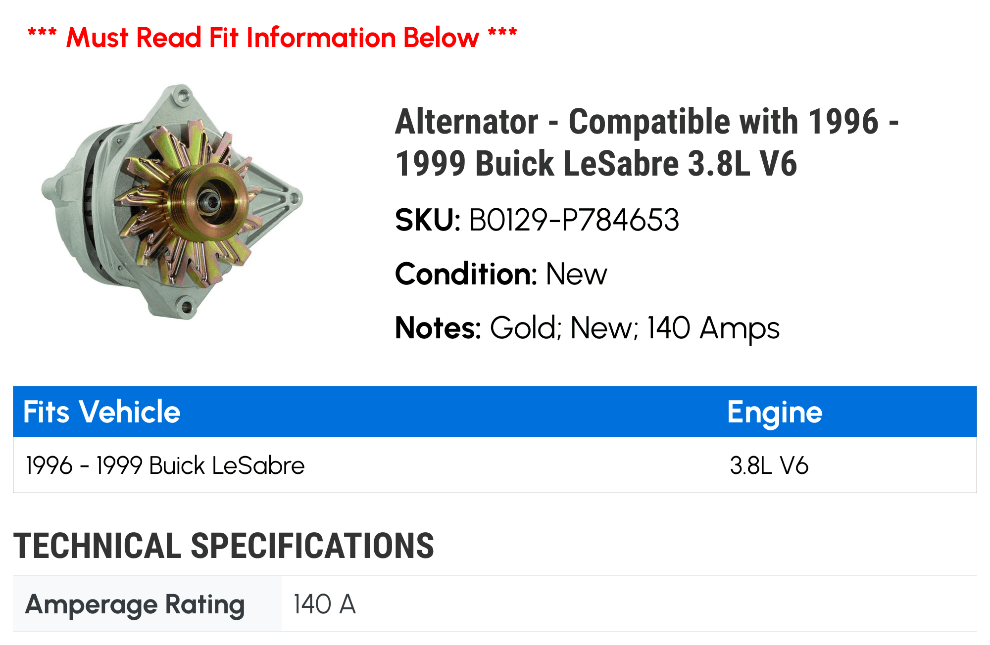 Alternator - Compatible with 1996 - 1999 Buick LeSabre 3.8L V6 1997 1998