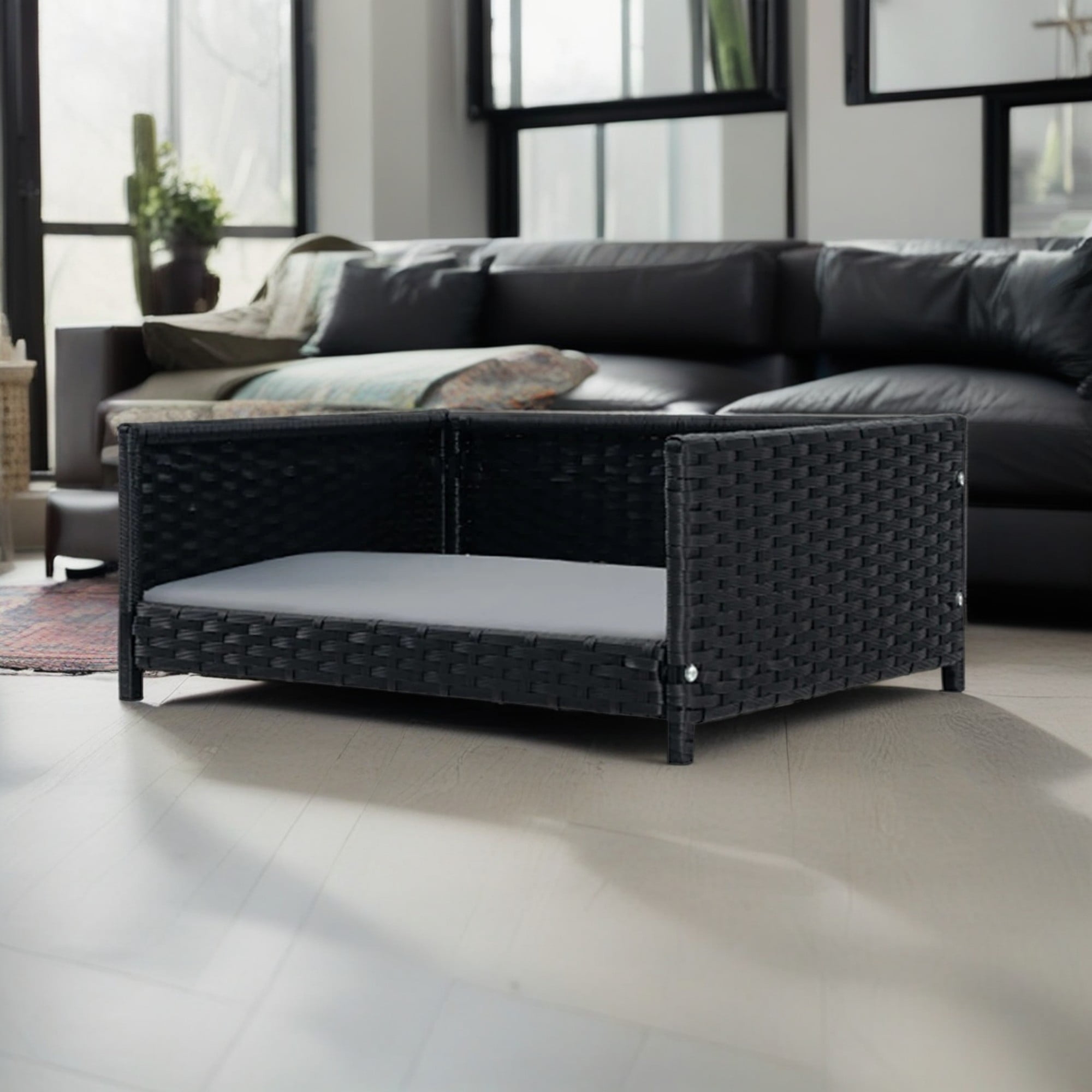 resenkos 24" Pet Furniture Dog Bed for Cat and Dog House/Kennel, Seasonal PE Rattan Pet Bed with Waterproof Soft Cushion for Medium Small Dogs Cats, Dark Gray