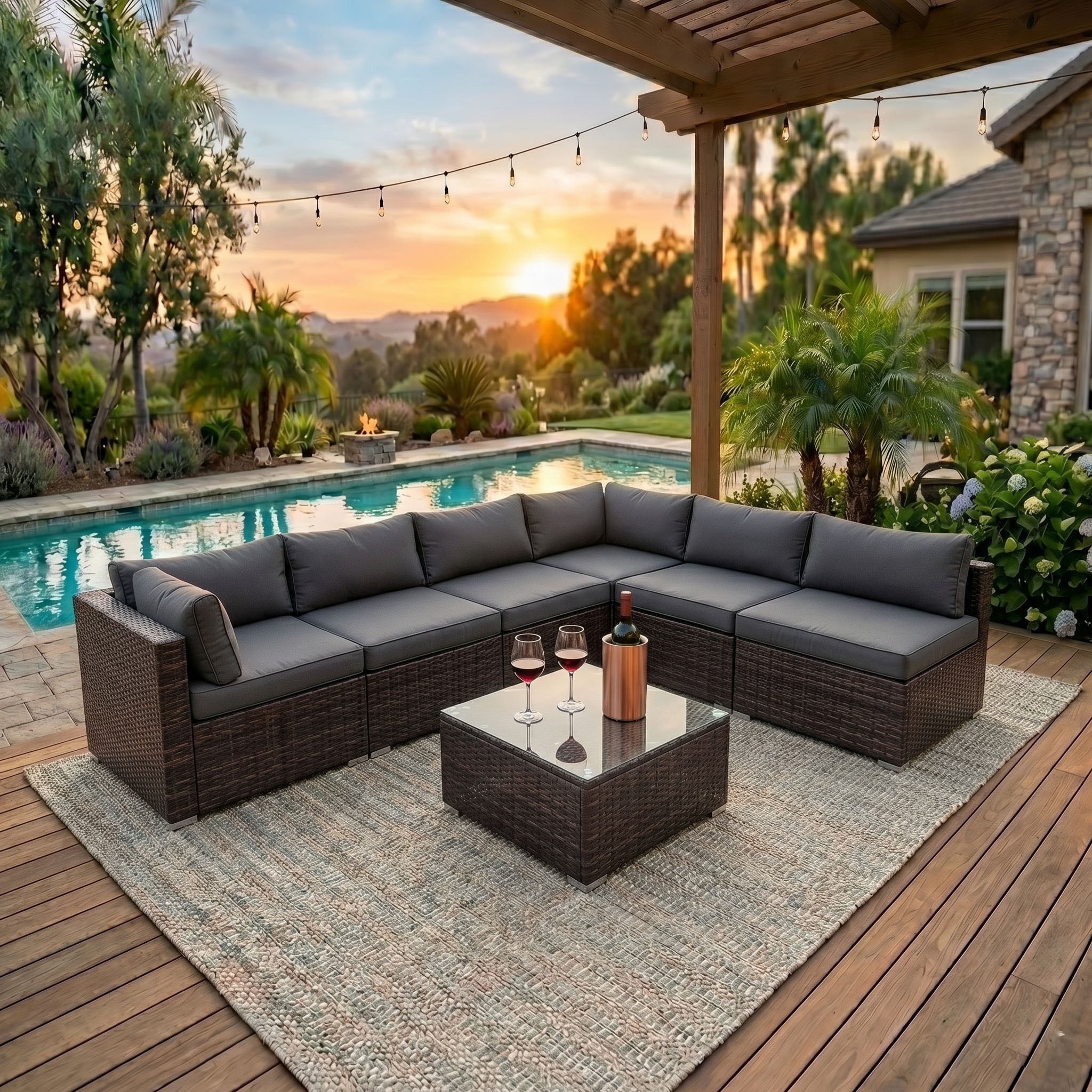 Howcool 7-Piece Modular Outdoor Patio Furniture Set with Cushions and Tempered Glass Table