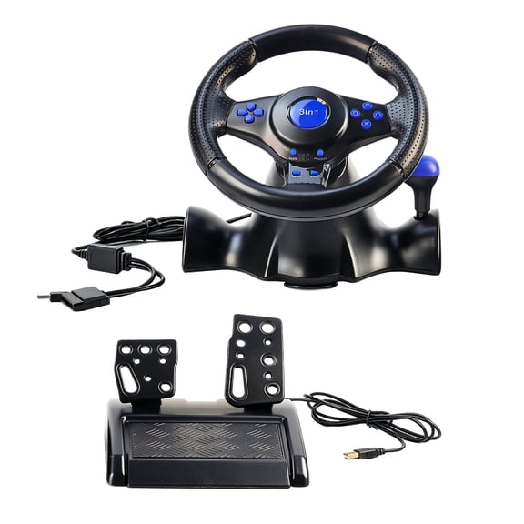 180 Degree Racing Simulator Steering Wheel With Pedals, Dual Vibration Gaming Wheel Plug Play for PC PS2 PS3 Racing Games