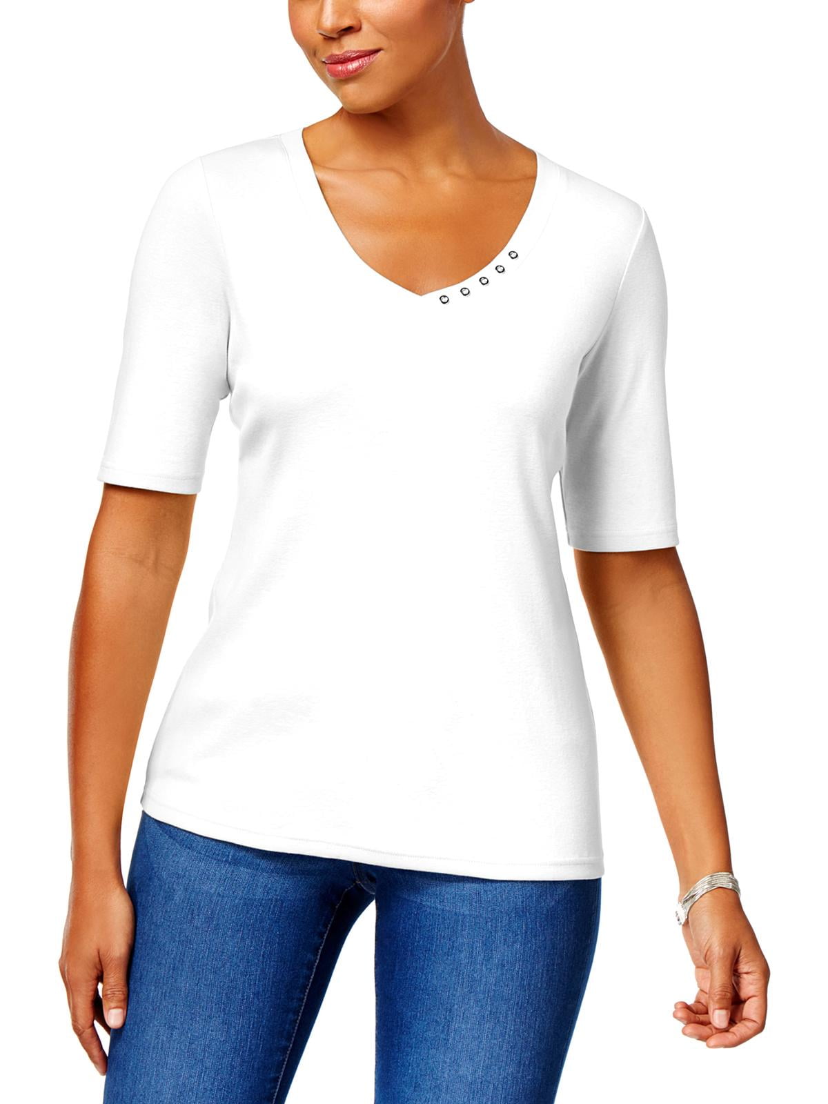 Karen Scott Womens Cotton VNeck TShirt White XL