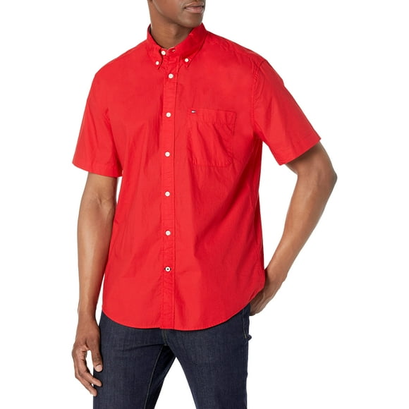 Tommy Hilfiger Men's Short Sleeve Button Down Shirt in Classic Fit, Apple Red, SM