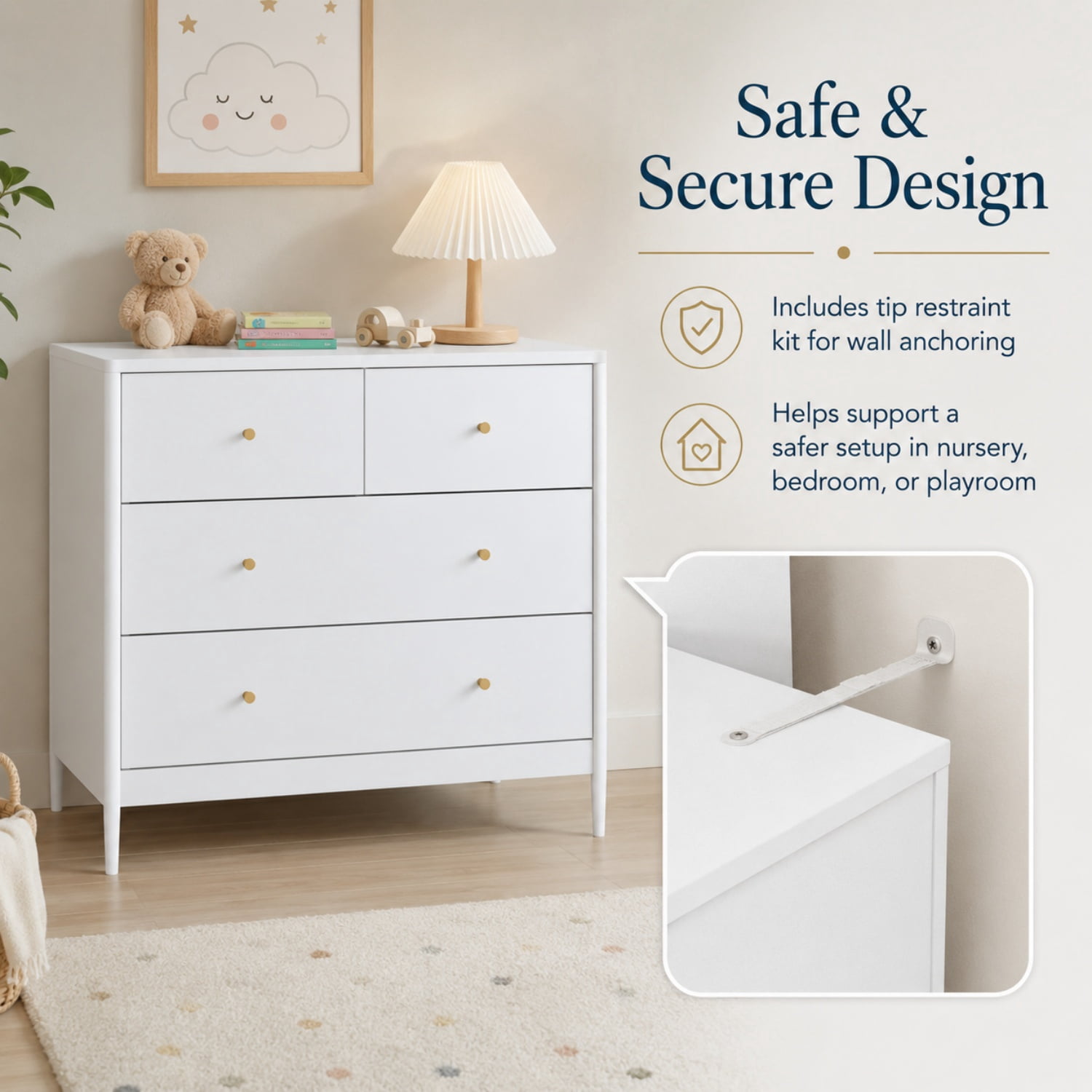 Miniyam 4 Drawer Dresser, White Chest of Drawers for Bedroom, Nursery and Kids Room