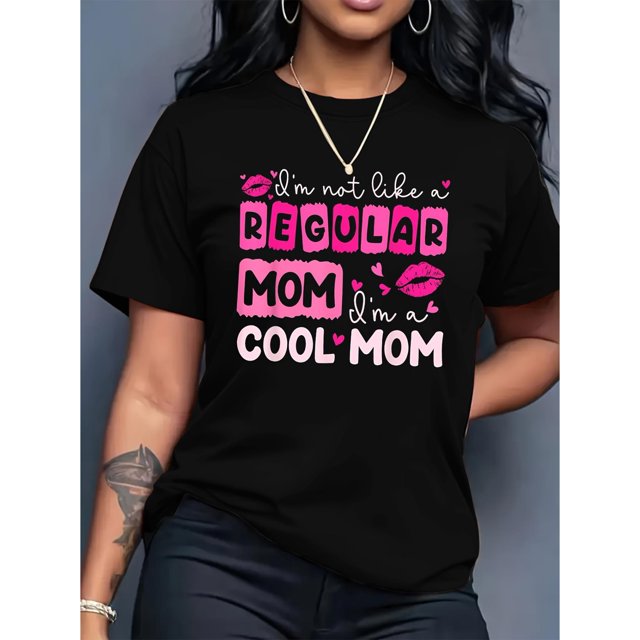Women's Casual Crew Neck T-Shirt with "Cool Mom" Red Lips Print, 100% Polyester Knit Fabric, Medium Stretch, Fashionable Short Sleeve Top for Spring/Summer/Fall, Ladies T Shirts