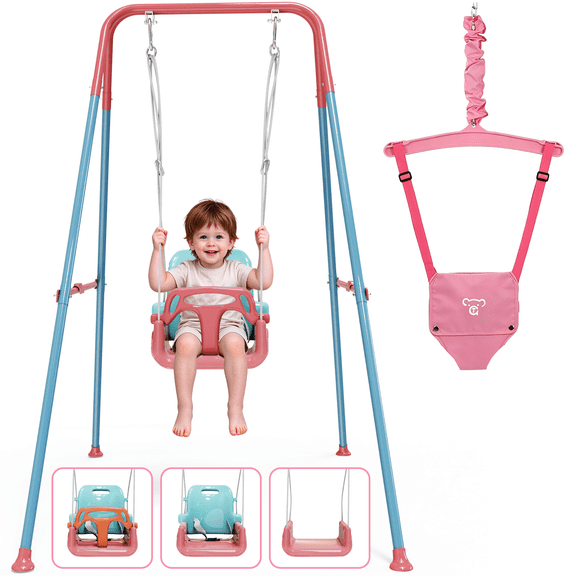 2-in-1 Toddler Swing and Jumper with Frame, Foldable Baby Swing Set, Indoor Outdoor Toddler Playset, Pink