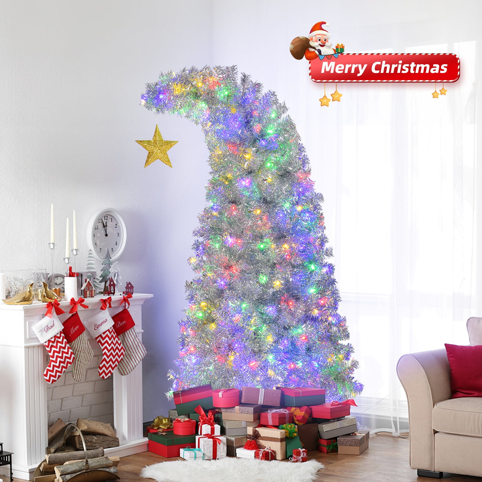 6 FT Bent Top Pre-Lit Christmas Tree with Golden Star, 900 PET