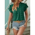 thumbnail image 3 of Women 2025 Summer V Neck Ruffle Short Sleeve Blouse Dot Flowy Shirt Tunic Top Dark Green XL, 3 of 4