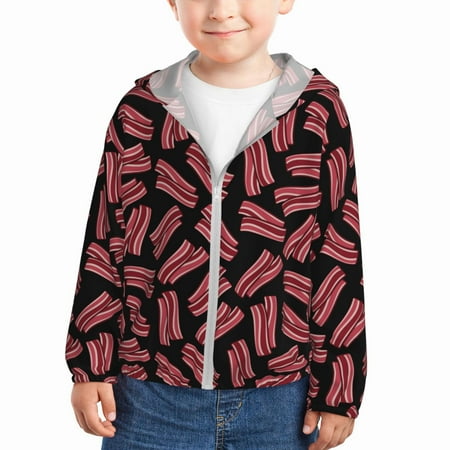 

Rash Guard for Boys Girls - Bacon Print Black Lightweight Long Sleeve Sun Protection Jacket Hooded Cooling Swim Shirt with Zipper for Toddler Kids Children