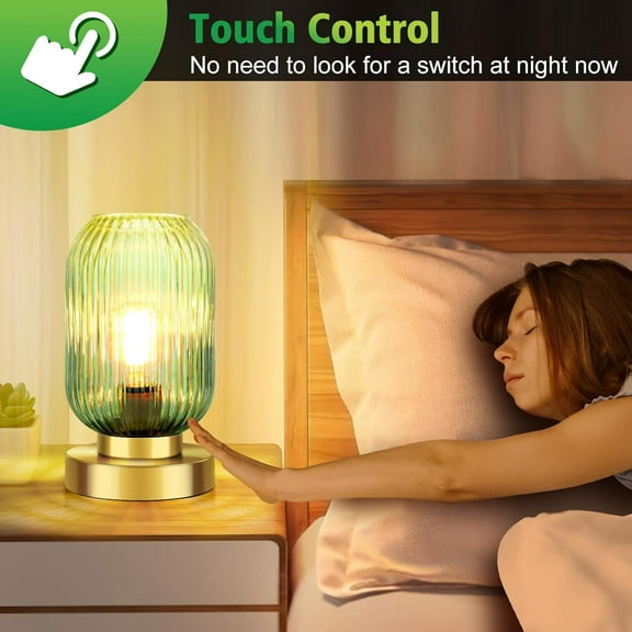 Touch Control Mid Modern Table , 3 Way Dimmable, Green Glass, Small Gold, Vintage Bedside for Bedroom, Living Room, Office