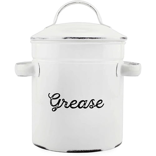 Bacon Grease Saver with strainer - rustic mid-century modern farmhouse  design, white enamel on metal, 4 inch x 4 inch vintage enamelware with lid