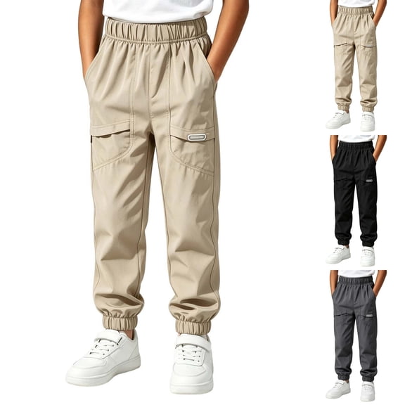Sentuca Boys Cargo Pants, Elastic Bottom Solid Color Jogger Pants with Pockets Fashion Leisure Sports Tweens Trousers Khaki Size 12-13Y