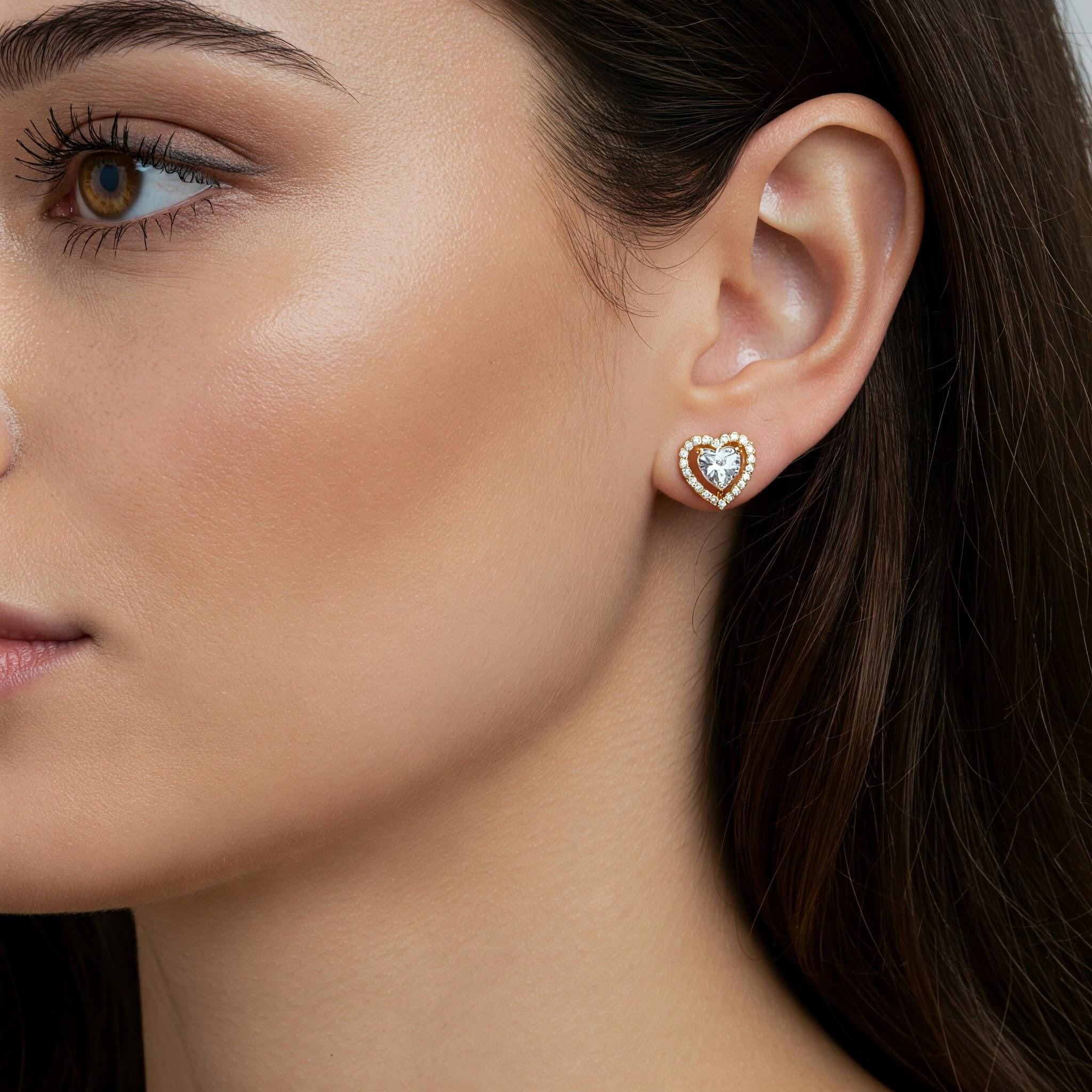 Tilo Jewelry 14K Yellow Gold Heart Halo Stud Post Earrings with Cubic Zirconia CZ Stones | Secure Push-Backs | Classic Everyday Earrings for Women & Unisex