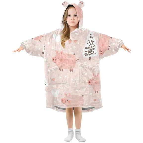 Cute Pigs Hearts Christmas Trees with Snow Flannel Wearable Blankets Hooded Design Long Sleeves Wrap Unisex for 3T-14Y S