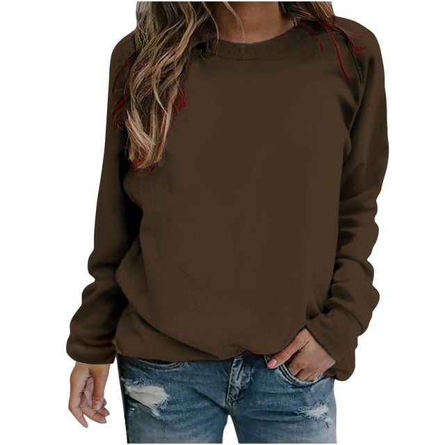 Yuyuzo Chandail en Molleton Sportif Uni pour Femmes Automne 2025 Décontracté Ample Col Rond Raglan Manches Longues Tunique Marron