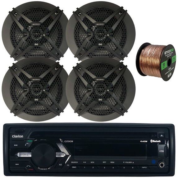 Clarion CZ309 Single DIN AM/FM Radio Stereo USB AUX CD Player Car Audio Receiver Bundle Combo with 4x Sony 6.5" 3-Way 270 Watts Peak Power Car Audio Speakers, 16 AWG Gauge 50 Feet Speaker Wire
