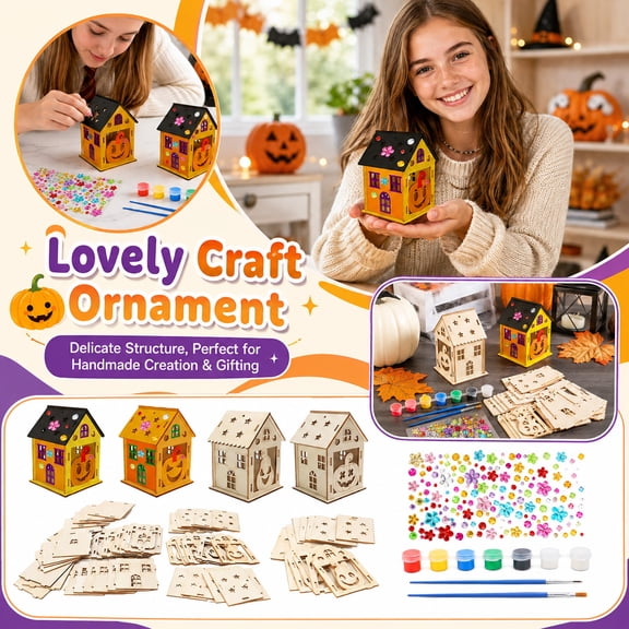 Diy Wooden Pumpkin House Craft Kit with Paints and Brush,Spooky Halloween Decor for Fall Window Centerpiece,Haunted House Paintable Kit for Adults and Kids,1 Pack