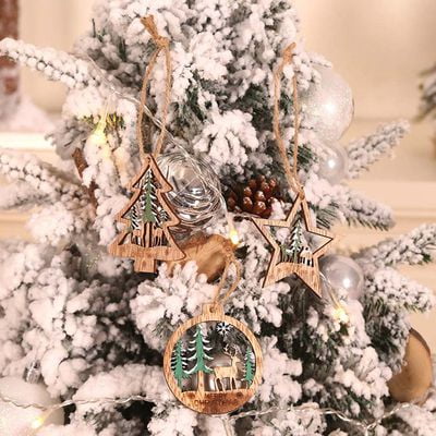 Red Deer News Christmas Day KABOER Creative New Christmas Tree Stereo Hollow Deer Pendant Christmas Color Wooden Round Hanging Jewelry ()