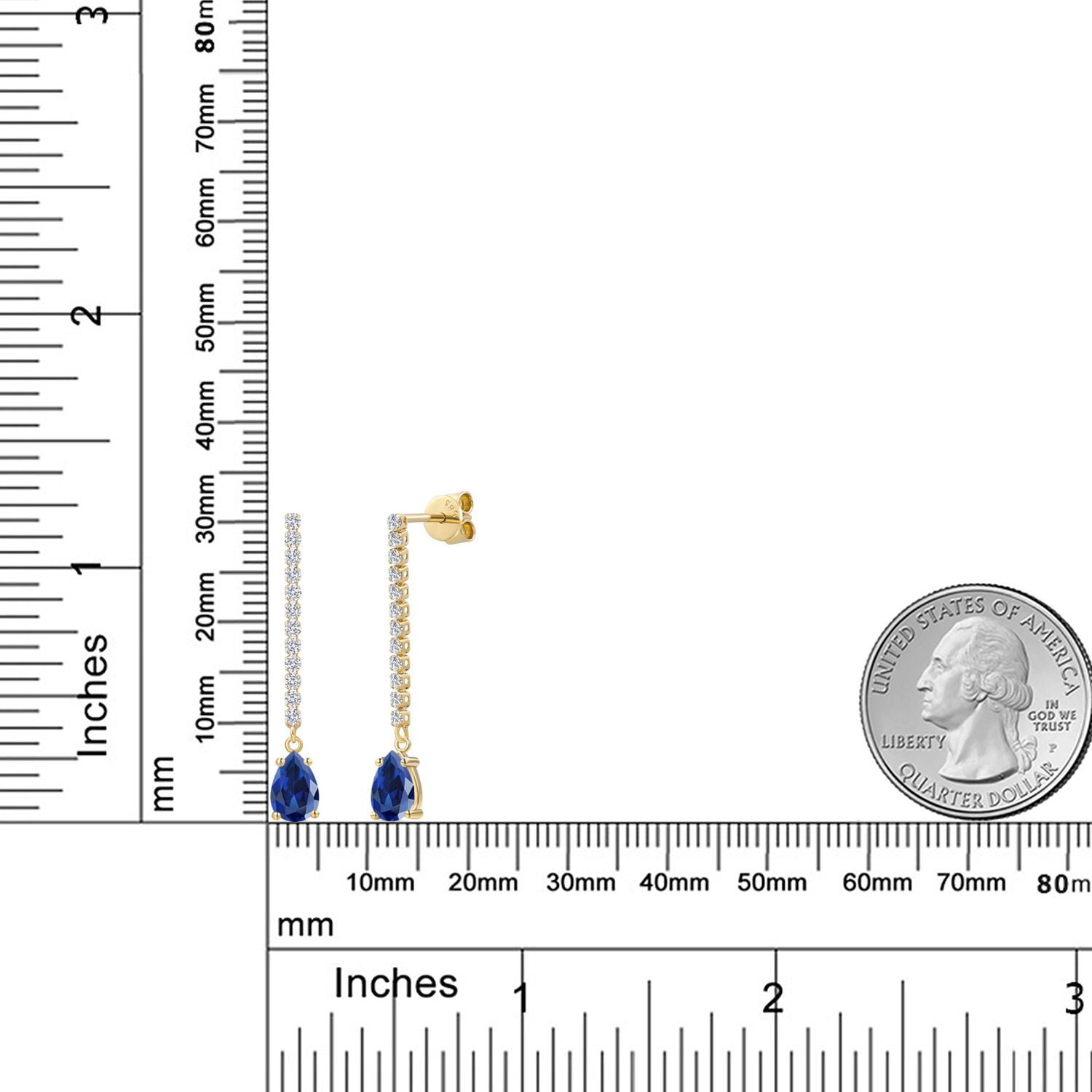 14K Yellow Gold Blue Created Sapphire and White Lab Grown Diamond Long Liner Dangle Earrings for Women | 2.36 Cttw | Gemstone September Birthstone | Pear Shape 7X5MM | White Gold Chain Drop Earrings