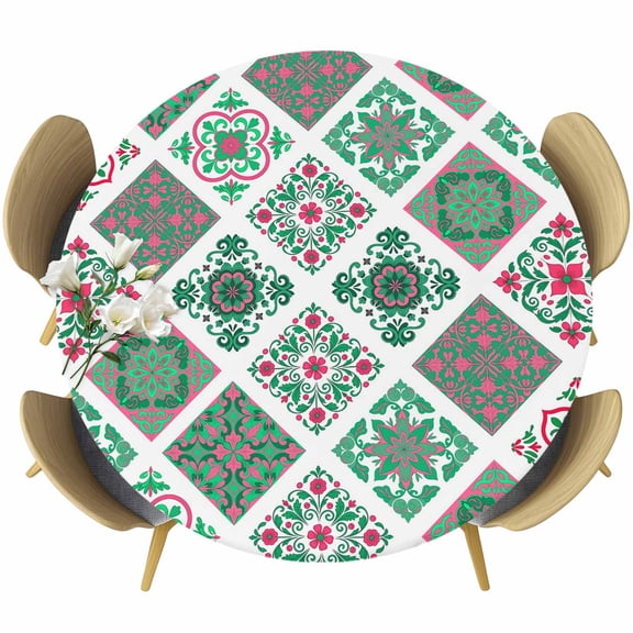 Round Table Cover 45-54 Inch Vintage Boho Waterproof Reusable Table Cloth Round Fitted Vinyl Tablecloth with Elastic Edged for Parties Outdoors, Middle Century Bohemia Style Green