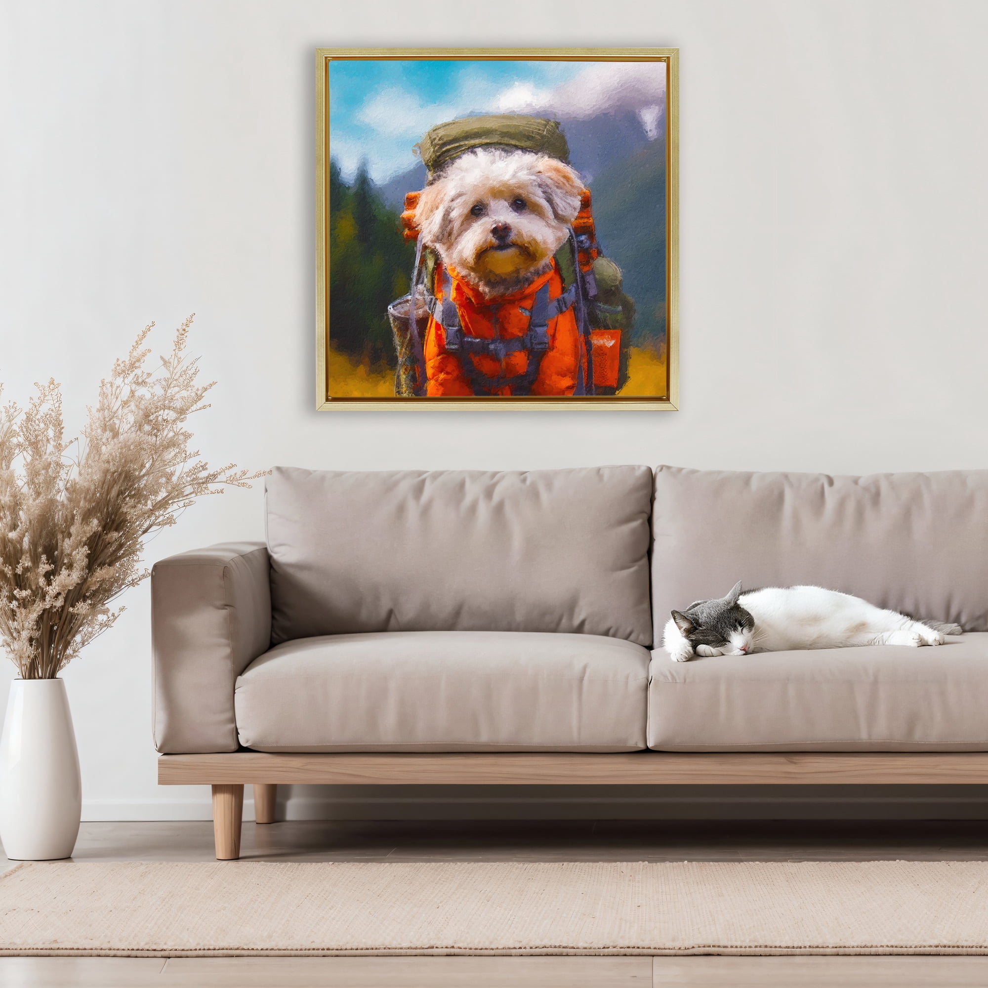 Stupell Industries Adventuring Hiker Dog Gold Framed Floater Canvas Wall Art, design by Sean Parnell