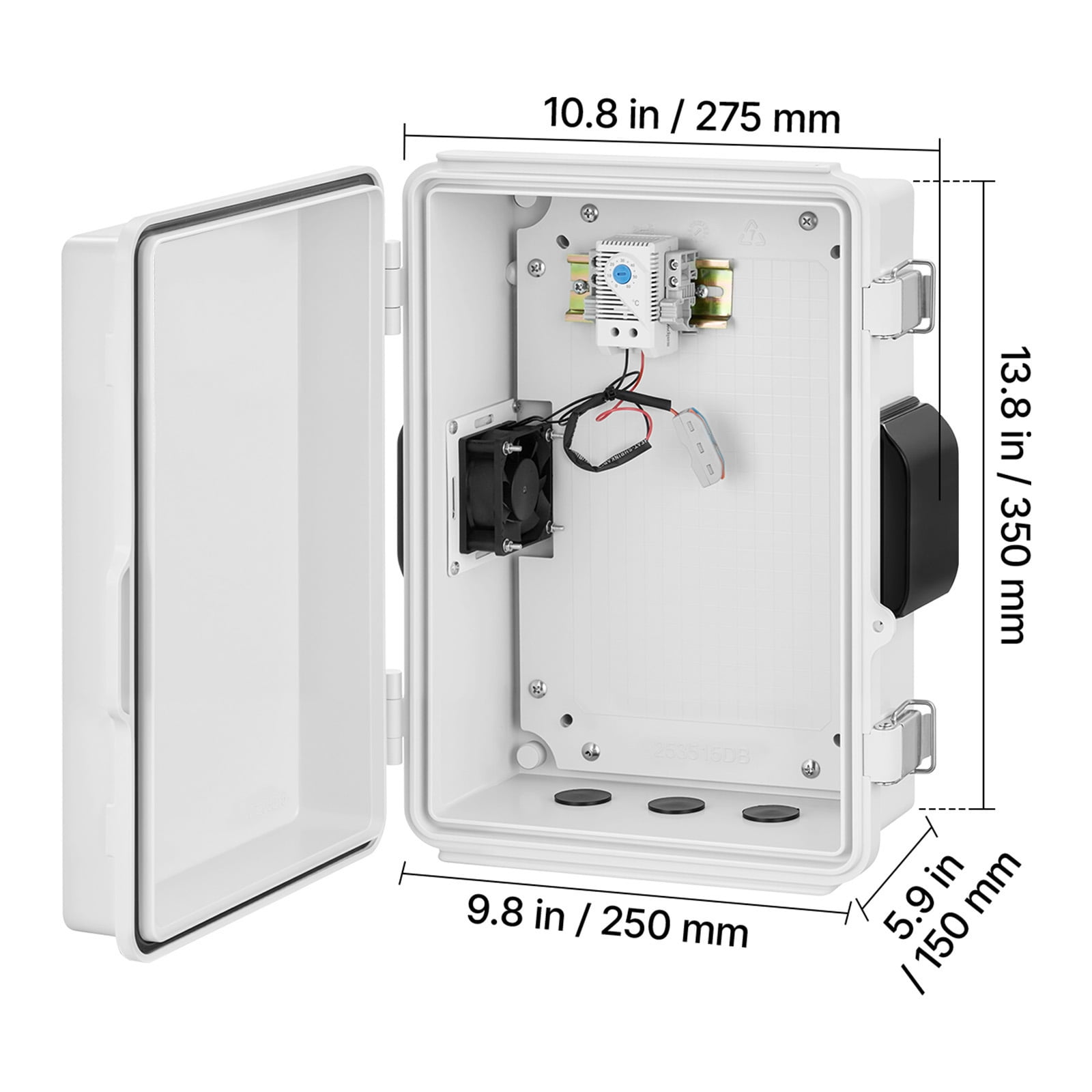 KFFKFF Outdoor Electrical Enclosure, ABS Material, Weatherproof Junction Box with Built-in Thermostat and Fan, Mounting Plate, Cable Seals, Ventilated Design, 14.2 x 10.8 x 5.9 in, IP65 Rated