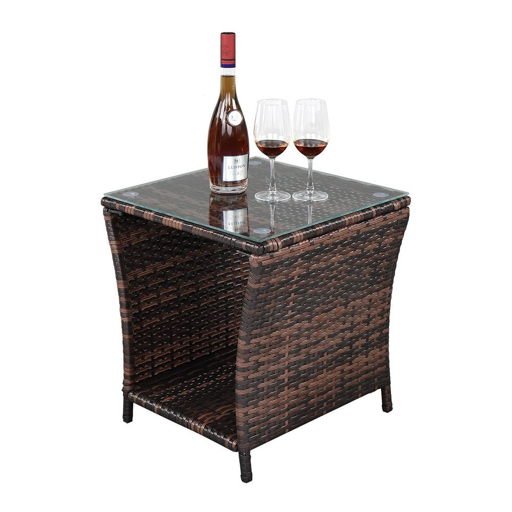 Zimtown Patio Outdoor Patio Wicker End Table Rattan Square Glass