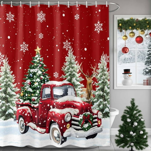 Christmas Shower Curtain Red Truck Shower Curtains for Bathroom Winter Holiday Xmas Decor, Waterproof Polyester Shower Curtain Set with Hooks, 72" x 72" Christmas Tree Snowflake