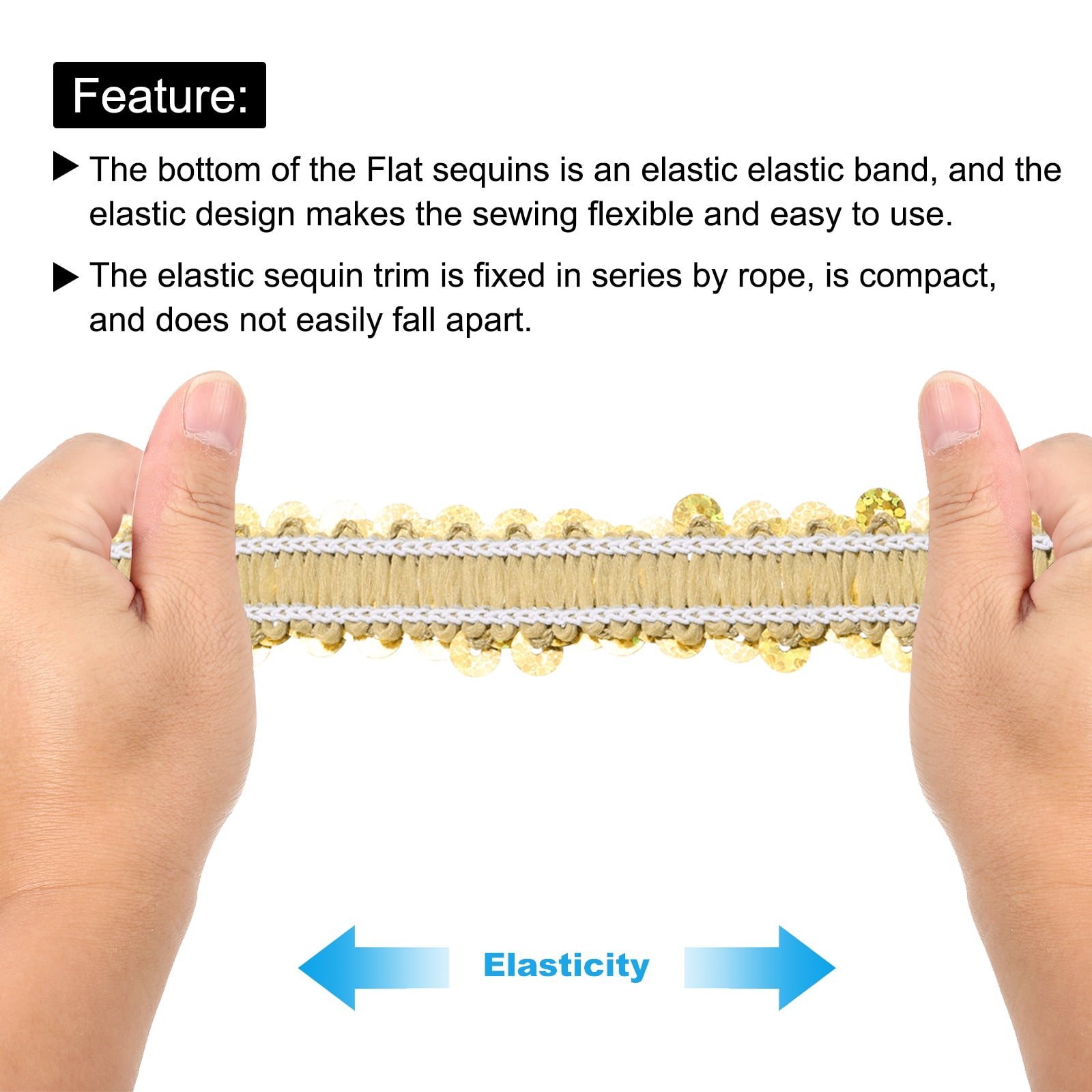 Uxcell 25 Yards 0.8 Inch Elastic Sequins Trim Flat Sequin Strip Paillette Fabric Ribbon for Crafts DIY Fringe Sewing Laser Gold