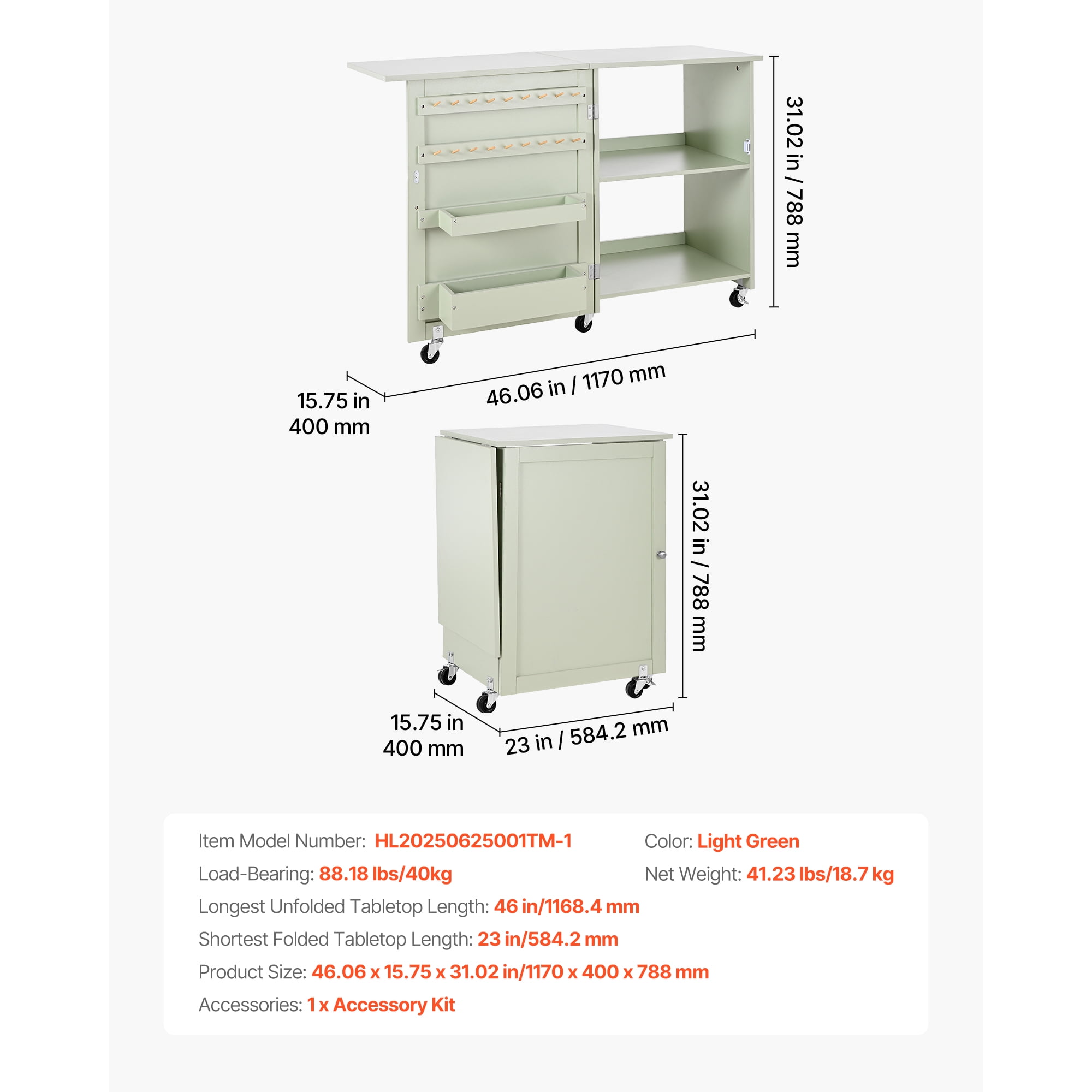 KFFKFF Folding Sewing Table with Compact Design, Sewing Table, Particleboard, 46.06×15.75×31.02 in, Light Green