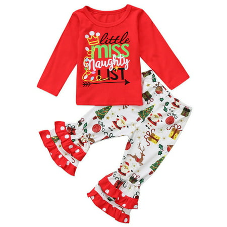 Baby Girls Christmas Outfits Long Sleeve Miss Little Naughty List T-shirt With Ruffle Pant 2-3 Year