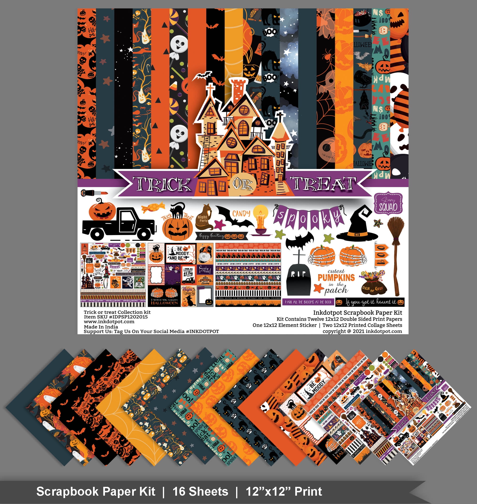 Inkdotpot Halloween Theme Collection Double-Sided Scrapbook Paper Kit Cardstock 12"x12" Card Making Paper Pack With Sticker Sheet - 16 Pages - Orange & Black