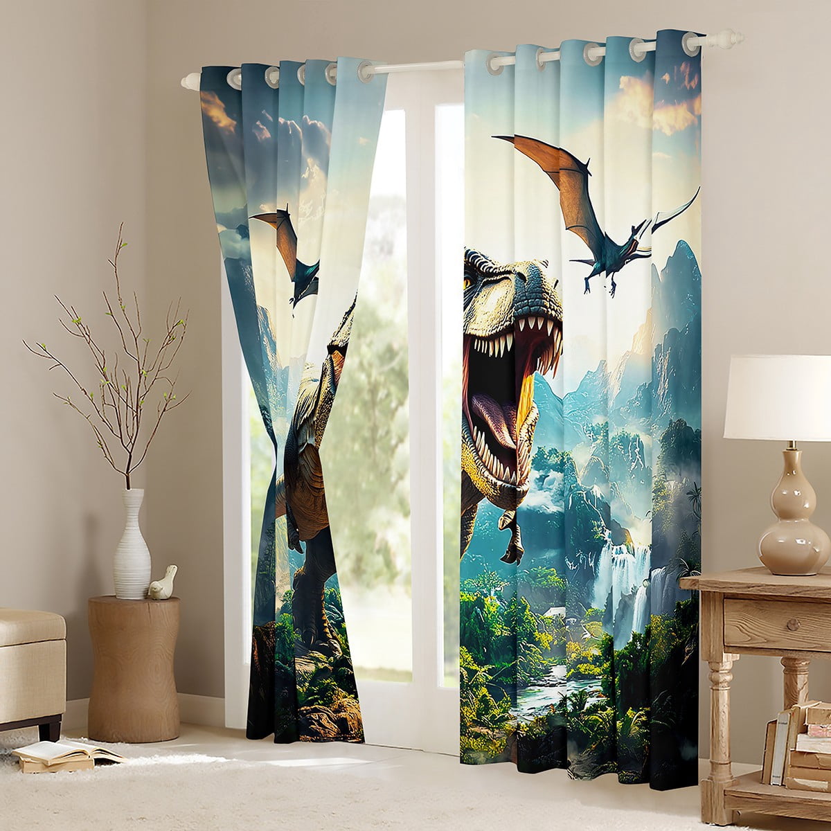 Manfei Kids Dinosaur Curtains Pack of 2 (42x84 Each) for Boys, Tyrannosaurus Rex Curtains Blackout, Wild Jungle Animal Living Room Curtains, Luxurious Home Decor