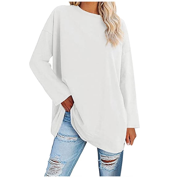 Fiaer Women T Shirts Loose Fit Long Sleeve Tshirts Crew Neck Plus Size Casual Comfort Drop Shoulder Fall Tops White XL
