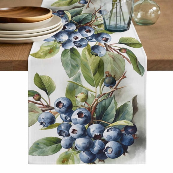 Blueberries Cotton Linen Table Runner for Dining Kitchen, Farmhouse Blue Fruits Green Botanical Wedding Outdoor Party Tablerunners Decoration, Dresser Scarf Coffee Tablecloth Runners 13x60 Inches