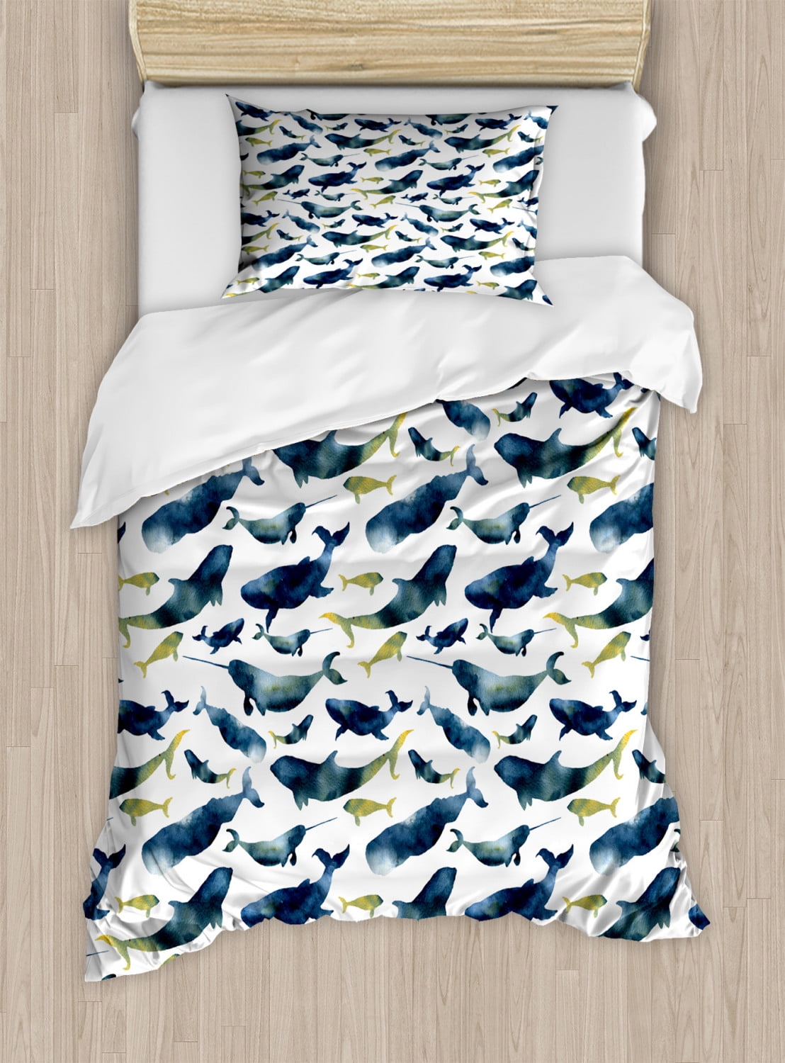 Narwhal Duvet Cover Set Twin Size, Watercolor Whales of the Arctic ...