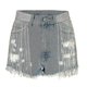 thumbnail image 4 of Pantalones cortos de mezclilla con dobladillo sin rematar y deshilachados con cuentas de diamantes de imitación para mujer, 4 of 5