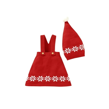 

Christmas Baby Girl Dress+ Hat Suspender Shoulder Strap Knitting Snowflake Print A-Lined Dress+ Plush Ball Santa Hat